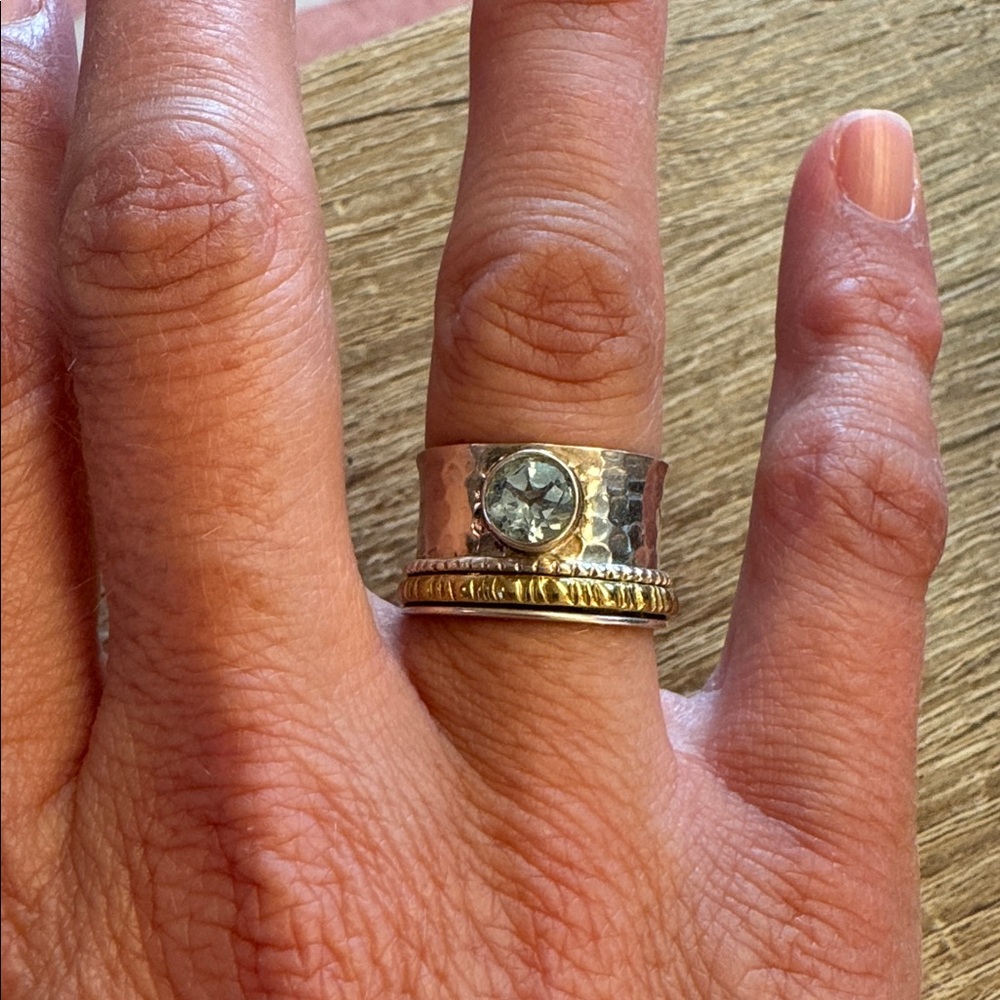 Aquamarine Sterling Silver and brass statement ring size 7